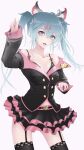  1girl :d absurdres ahoge animal_ear_fluff animal_ears bangs black_bra black_jacket black_legwear black_skirt blue_eyes blue_hair bra cat_ears collarbone copyright_name cowboy_shot fangs floating_hair garter_straps hair_between_eyes hair_ornament hairclip hatsune_miku highres honey_whip_(module) jacket layered_skirt long_hair long_sleeves midriff miniskirt nail_polish off-shoulder_jacket open_mouth pleated_skirt pyslznqo1i9irqg shiny shiny_hair simple_background skirt smile solo standing stomach sweet_devil_(vocaloid) thighhighs underwear vocaloid white_background white_nails zettai_ryouiki 