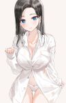  1girl bangs black_hair blue_eyes blush breasts cleavage collared_shirt cowboy_shot dress_shirt forehead highres kfr large_breasts long_hair long_sleeves looking_at_viewer no_pants open_clothes open_shirt original panties parted_bangs partially_unbuttoned shirt simple_background sleeves_past_wrists smile solo thighs underwear white_panties white_shirt wing_collar 