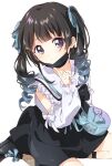  1girl bangs black_hair blue_ribbon blunt_bangs closed_mouth drill_hair eyebrows_visible_through_hair hair_ornament hair_ribbon index_finger_raised looking_at_viewer mask mouth_mask namori nijisanji purple_eyes ribbon sitting solo tsukino_mito twin_drills twintails virtual_youtuber yokozuwari 