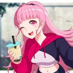  1girl ;d bangs blurry blurry_background blush bubble_tea commentary_request cropped_hoodie drink edie_crop_hoodie fire_emblem fire_emblem:_three_houses high_ponytail hilda_valentine_goneril holding holding_drink hood hood_down hoodie long_hair looking_at_viewer meme_attire miran_(olivine_20) multicolored multicolored_clothes navel one_eye_closed open_mouth outstretched_hand pink_eyes pink_hair single_sleeve smile solo 