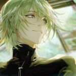  1boy bishounen blurry blurry_background closed_mouth ears_visible_through_hair eyebrows_visible_through_hair eyes_visible_through_hair green_eyes green_hair green_theme haban_(haban35) hair_between_eyes highres light_green_hair light_particles light_rays male_focus original smile solo turtleneck upper_body window 