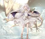 1girl bangs book cape clothing_cutout cloud dragon dress fire_emblem fire_emblem:_genealogy_of_the_holy_war floating_hair full_body highres hiyashiru holding julia_(fire_emblem) long_hair long_sleeves open_mouth purple_cape purple_eyes ribbon sandals shoulder_cutout silver_hair standing white_dress 