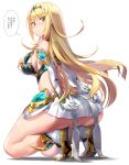  1girl bangs bare_legs bare_shoulders blonde_hair breasts cleavage cleavage_cutout clothing_cutout dress earrings elbow_gloves gloves headpiece highres jewelry large_breasts long_hair mamo_williams mythra_(xenoblade) short_dress swept_bangs tiara very_long_hair white_dress white_footwear white_gloves xenoblade_chronicles_(series) xenoblade_chronicles_2 yellow_eyes 