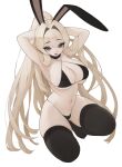  1girl absurdres animal_ears armpits arms_behind_head arms_up bikini black_bikini black_legwear blonde_hair blue_eyes blush bunny_ears commentary dated_commentary eyebrows_visible_through_hair eyes_visible_through_hair hair_intakes highres long_hair looking_at_viewer mole mole_under_eye navel open_mouth original ponytail rabbit_(wlsdnjs950) simple_background skindentation solo swimsuit thighhighs very_long_hair white_background 