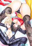  2girls anna_williams ass belt black_gloves black_panties blonde_hair blue_eyes bodysuit boots breasts cleavage dress gloves kinniku_buster large_breasts multiple_girls nina_williams panties pants red_dress short_hair siblings sidelocks sisters skin_tight tekken thighhighs traditional_media underwear yqgkg 