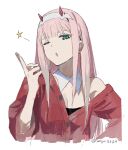  1girl aqua_eyes bangs breasts cleavage darling_in_the_franxx dohyo123123 highres horns long_hair looking_at_viewer oni_horns open_mouth pink_hair red_horns signature solo zero_two_(darling_in_the_franxx) 