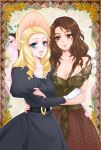  2girls arm_around_waist black_dress blonde_hair blue_eyes blush breasts brown_eyes brown_hair cleavage collarbone commentary_request cosette dress drill_hair eponine fingerless_gloves gloves hat highres juliet_sleeves kiraki large_breasts les_miserables long_hair long_sleeves looking_at_another looking_at_viewer multiple_girls open_mouth puffy_sleeves smile white_gloves yuri 
