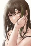  1girl bangs blush brown_eyes brown_hair eyebrows_visible_through_hair girls&#039;_frontline green_hair hair_between_eyes highres long_hair looking_at_viewer m4a1_(girls&#039;_frontline) multicolored_hair selcky simple_background solo streaked_hair sweat 