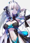  1girl bangs black_bow black_dress blue_eyes bow braid breasts capelet center_opening choker cleavage dress fate/grand_order fate_(series) french_braid grey_hair hair_bow hong_(white_spider) large_breasts long_hair long_sleeves looking_at_viewer morgan_le_fay_(fate) pelvic_curtain polearm ponytail sidelocks solo spear spikes stomach_tattoo tattoo tiara two-tone_dress very_long_hair weapon white_capelet white_dress wide_sleeves 