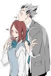  1boy 1girl :t blazer bokuto_koutarou bow bowtie brown_eyes brown_hair closed_mouth eyebrows eyelashes finger_to_mouth grey_hair haikyuu!! head_on_head head_rest height_difference highres jacket long_sleeves looking_to_the_side multicolored_hair necktie open_clothes open_jacket profile school_uniform sh0mew0r38kso shirofuku_yukie shirt short_hair simple_background standing sweater_vest two-tone_hair white_background white_shirt 