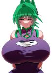  1girl arms_behind_back bangs breasts china_dress chinese_clothes clothing_cutout dress eyebrows_visible_through_hair green_eyes green_hair huge_breasts perepere-kun shaman_king short_hair smile solo tao_jun tight tight_dress white_background 