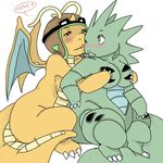  &lt;3 anthro blush breast_grab breasts chubby cuddling dragon dragonite duo female fondling from_behind green_body lesbian nintendo nude orange_body overweight plain_background pok&#233;mon pok&#233;morph pokemon sitting spikes tyranitar unknown_artist video_games white_background wings 