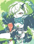  1girl breasts cleavage clenched_teeth crazy dress green_background green_hair green_theme hair_ornament holding holding_weapon ishikoro1645 jacket little_match_girl_(sinoalice) looking_at_viewer multicolored_hair open_mouth parted_lips red_eyes scarf short_hair simple_background sinoalice solo teeth two-tone_hair weapon white_hair 