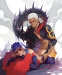  2boys anal ass bare_shoulders buzz_cut cu_chulainn_(fate)_(all) cu_chulainn_alter_(fate/grand_order) dark-skinned_male dark_skin dragon_boy dragon_tail ear_piercing emiya_alter fate/grand_order fate_(series) hands_on_another&#039;s_hips happy_sex interracial long_hair lying male_focus monster_boy multiple_boys muscular muscular_male navel nipple_slip nipples on_stomach pectorals piercing ponytail qvoro sex short_hair smile smirk stomach tail tail_raised very_short_hair white_hair yaoi 