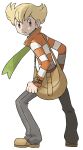  1boy absurdres bag bangs barry_(pokemon) blonde_hair brown_bag brown_footwear closed_mouth frown full_body green_scarf grey_pants highres legs_apart long_sleeves looking_at_viewer looking_back male_focus official_art orange_eyes pants pokemon pokemon_(game) pokemon_dppt pokemon_platinum scarf shoes short_hair shoulder_bag solo standing striped_jacket sugimori_ken transparent_background 