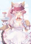  1girl animal_ear_fluff animal_ears apron bangs bell bow breasts character_name cleavage clothes_writing collar collarbone dress fang fate/extra fate/grand_order fate_(series) food fox_ears fox_girl fox_tail gloves hair_between_eyes hair_bow highres hiiro_yuya ice_cream jingle_bell large_breasts long_hair looking_at_viewer lostroom_outfit_(fate) neck_bell open_mouth paw_gloves paws pink_hair ponytail puffy_short_sleeves puffy_sleeves red_bow short_sleeves sidelocks smile solo striped striped_dress sundae tail tamamo_(fate)_(all) tamamo_cat_(fate) visor_cap white_apron yellow_eyes 