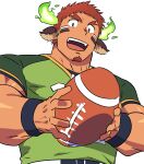  1boy american_football american_football_(object) american_football_uniform animal_ears ball bara brown_eyes brown_hair cow_boy cow_ears cow_horns dark-skinned_male dark_skin facial_hair fiery_horns forked_eyebrows from_below glowing_horns goatee green_shirt highres holding holding_ball horns looking_at_viewer male_focus muscular muscular_male ruizu_(takakisan503) shirt short_hair short_sleeves solo spiked_hair sportswear thick_eyebrows tight tight_shirt tokyo_houkago_summoners upper_body wakan_tanka 