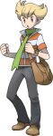  1boy :o bag bangs barry_(pokemon) blonde_hair brown_bag brown_footwear full_body green_scarf grey_pants highres holding_strap male_focus official_art open_mouth orange_eyes pants pokemon pokemon_(game) pokemon_dppt poketch scarf shoes short_hair short_sleeves shoulder_bag solo standing striped_jacket sugimori_ken tongue transparent_background watch wristwatch 