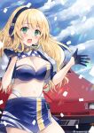  1girl alternate_costume atago_(kancolle) bangs blonde_hair blue_gloves blush breasts cleavage cloud confetti crop_top day eyebrows_visible_through_hair gloves green_eyes ground_vehicle half_gloves hatomaru_(hatomaru56) headphones headset highleg highres kantai_collection large_breasts long_hair motor_vehicle nissan nissan_skyline open_mouth outdoors race_queen short_sleeves skirt sky solo twitter_username 