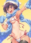  1girl :d armpits bangs bare_shoulders bikini black_hair black_legwear blue_gloves blue_headwear blue_scarf blush breasts check_commentary cleavage commentary_request covered_nipples cowboy_shot eyebrows_behind_hair gloves groin hair_between_eyes highres kanabun knit_hat knit_mittens looking_at_viewer medium_breasts navel open_mouth original outstretched_arm red_eyes scarf short_hair side-tie_bikini sidelocks simple_background skindentation smile solo standing stomach string_bikini swimsuit thighhighs upper_teeth white_bikini yellow_background 