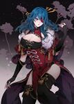  1girl absurdres artist_name bangs beidou_(genshin_impact) beidou_(genshin_impact)_(cosplay) black_gloves black_legwear blue_eyes blue_hair breasts byleth_(fire_emblem) byleth_(fire_emblem)_(female) cleavage cleavage_cutout clothing_cutout commentary commission cosplay dress elbow_gloves english_commentary eyepatch fingerless_gloves fire_emblem fire_emblem:_three_houses fur_trim genshin_impact gloves hair_between_eyes hair_ornament hair_stick hand_up highres large_breasts long_hair looking_away misshao_00 parted_lips red_dress solo standing thighhighs 