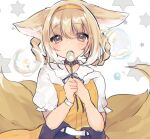  1girl alternate_costume animal_ear_fluff animal_ears arknights bangs black_choker blonde_hair blush bubble bubble_blowing bubble_pipe choker commentary_request fox_ears fox_girl fox_tail green_eyes hair_rings highres holding multiple_tails solo suzuran_(arknights) tail tomatoritori upper_body white_background 
