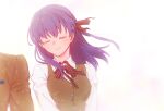  1girl breasts brown_vest closed_eyes closed_mouth fate/stay_night fate_(series) hair_ribbon homurahara_academy_uniform long_sleeves matou_sakura medium_breasts medium_hair neck_ribbon purple_hair ribbon sen_(0snow) shirt smile solo_focus upper_body vest white_shirt 
