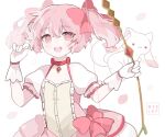  1girl :3 :d bow_(weapon) bubble_skirt choker gloves holding holding_bow_(weapon) holding_weapon kaname_madoka kneehighs kyubey magical_girl mahou_shoujo_madoka_magica meelaffs open_mouth pink_eyes pink_hair red_eyes skirt smile twintails weapon white_gloves white_legwear 