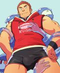  1boy ass_visible_through_thighs bara bare_shoulders black_shorts blush brown_hair bulge facial_hair from_below goatee gunzo_(tokyo_houkago_summoners) hands_on_hips highres hood hoodie long_sideburns looking_at_viewer male_focus muscular muscular_male red_hoodie ruizu_(takakisan503) scar scar_on_cheek scar_on_face short_hair short_shorts shorts sideburns sleeveless sleeveless_hoodie smile solo spirit stubble thick_eyebrows thick_thighs thighs tokyo_houkago_summoners 