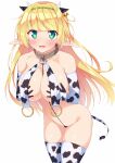  1girl animal_ears animal_print bangs blonde_hair blush breast_curtains breasts collar covering covering_breasts cow_ears cow_horns cow_print cow_tail elbow_gloves elf gloves green_eyes green_hairband hairband highres horns ichi_makoto isekai_maou_to_shoukan_shoujo_no_dorei_majutsu large_breasts long_hair looking_at_viewer metal_collar navel o-ring_collar open_mouth pointy_ears revealing_clothes shera_l._greenwood simple_background smile solo tail thighhighs white_background 