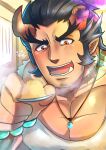 1boy absurdres bara beard blush broken_horn covered_nipples dark_blue_hair demon_boy demon_horns facial_hair fang fiery_horns highres horns jewelry kageru_(mofnyan) large_pectorals long_sideburns male_cleavage male_focus mature_male muscular muscular_male necklace pectorals shirt short_hair sideburns solo steam stubble takemaru_(tokyo_houkago_summoners) thick_eyebrows tokyo_houkago_summoners torn_clothes torn_shirt upper_body white_shirt 