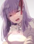  1girl breasts crying dress fate/stay_night fate_(series) hair_ribbon highres lower_teeth matou_sakura medium_breasts medium_hair official_alternate_costume open_mouth puffy_short_sleeves puffy_sleeves purple_eyes purple_hair red_ribbon ribbon ro96cu short_sleeves sobbing solo tears upper_body upper_teeth white_dress 