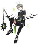  1boy arene_(arknights) arknights black_footwear black_gloves black_jacket black_legwear boots closed_mouth commentary_request elbow_gloves energy_wings flail full_body gloves green_eyes grey_hair halo hexagon high_heels highres holding holding_weapon jacket knee_up looking_away male_focus short_hair short_sleeves sideways_glance simple_background sitting solo spiked_ball_and_chain thigh_boots thigh_strap thighhighs vegetable_osamuta weapon white_background 