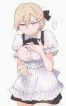  1girl anarogumaaa blonde_hair blue_eyes bow bowtie breasts cum cum_in_mouth cum_on_clothes facial highres maid md5_mismatch mouth original skirt white_background 
