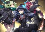  3girls alice_(sinoalice) belt black_legwear blue_hair blush bow breasts choker cleavage dorothy_(sinoalice) dress facepaint glasses gothic green_hair hair_bow hair_ornament hairclip hat highres holding holding_microphone jacket large_breasts little_match_girl_(sinoalice) long_hair looking_at_viewer mibry_(phrysm) microphone multiple_girls music open_mouth petticoat purple_eyes purple_hair red_eyes ribbon scarf short_hair singing sinoalice studded_belt studded_jacket thighhighs top_hat torn_clothes torn_legwear veil zettai_ryouiki 