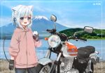  +_+ 1girl :d animal_ear_fluff animal_ears black_gloves black_pants blue_eyes blue_ribbon blue_sky blurry blurry_background blush cat_ears commentary day electric_plug gloves ground_vehicle hair_ribbon jacket michiru_donut motor_vehicle motorcycle mount_fuji open_mouth original outdoors pants pink_jacket ribbon short_hair silver_hair sky smile solo 
