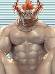  1boy abs animal_ears bara brown_fur chain_necklace completely_nude cow_ears cow_horns facial_hair fuga9 furry goatee gyumao_(tokyo_houkago_summoners) horns large_pectorals looking_at_viewer male_focus mature_male minotaur mohawk muscular muscular_male navel nipples nude pectorals red_hair scar scar_on_face scar_on_nose short_hair smile solo spread_legs stomach thighs tokyo_houkago_summoners veins 