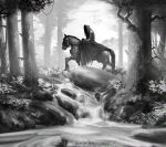  1boy absurdres bush commentary english_commentary facing_to_the_side facing_viewer flower forest from_side grey_background greyscale hidden_face highres hood hood_up horse kalmahul legendarium monochrome nature nazgul riding robe stream the_lord_of_the_rings tree water 