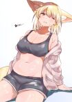  1girl absurdres animal_ear_fluff animal_ears belly blonde_hair breasts brown_eyes cleavage crop_top fennec_(kemono_friends) fox_ears fox_tail highres kemono_friends large_breasts looking_at_viewer midriff navel off_shoulder one_eye_closed parted_lips plump short_hair shorts sitting solo suicchonsuisui sweat sweater tail 