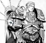 1boy 1girl ahoge ahoge_wag anklet armor armored_dress artist_request belt cape closed_mouth couple eldar expressive_hair greyscale jewelry locked_arms monochrome roboute_guilliman shoulder_armor simple_background size_difference warhammer_40k yvraine 