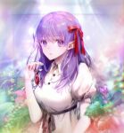 1girl breasts closed_mouth dress fate/stay_night fate_(series) hair_ribbon hand_up highres hirose_(10011) keychain looking_at_viewer matou_sakura medium_breasts medium_hair official_alternate_costume puffy_short_sleeves puffy_sleeves purple_eyes purple_hair red_ribbon ribbon short_sleeves solo upper_body white_dress 