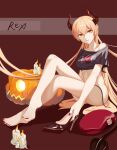  1girl artist_name bare_legs barefoot beret blonde_hair breasts candle closed_mouth collarbone commentary_request crossed_legs demon_horns demon_tail eyebrows_visible_through_hair feet girls&#039;_frontline halloween hat high_heels highres holding holding_shoes horns legs long_hair looking_at_viewer medium_breasts nail_polish ots-14_(girls&#039;_frontline) pumpkin red_nails regenerate-x shoes simple_background single_shoe sitting_on_floor smile soles solo tail thighs toenail_polish toes yellow_eyes 