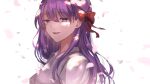  1girl breasts commentary_request dress fate/stay_night fate_(series) hair_ribbon highres looking_at_viewer matou_sakura medium_breasts official_alternate_costume open_mouth pekerika petals puffy_short_sleeves puffy_sleeves purple_eyes purple_hair red_ribbon ribbon short_sleeves simple_background smile solo upper_body upper_teeth white_background white_dress 