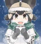  1girl :d african_wild_dog_(kemono_friends) african_wild_dog_print animal_ears bangs beanie black_hair black_mittens blonde_hair blush brown_eyes cup dog_ears ears_through_headwear eyebrows_visible_through_hair fangs fur-trimmed_headwear fur-trimmed_mittens green_scarf hat highres holding holding_cup kemono_friends looking_at_viewer mittens multicolored_hair open_mouth outline plaid plaid_scarf scarf short_sleeves smile snowflakes solo steam upper_body white_outline wonderful_waon 