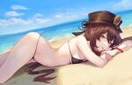  beach bikini brown_hair clouds genshin_impact hat hiki_niito hu_tao_(genshin_impact) long_hair navel sky swimsuit water wristwear 