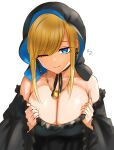  1girl bare_shoulders blonde_hair blue_eyes breasts character_request collarbone detached_sleeves dress frilled_dress frills highres large_breasts mitsugu one_eye_closed shinigami_bocchan_to_kuro_maid sidelocks solo 