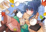  1girl artist_name autumn_leaves baozi blue_background blue_hair blush boots brown_footwear brown_scarf chopsticks coat commentary_request cup cup_noodle dango disposable_cup feet_out_of_frame fingerless_gloves food ginkgo_leaf gloves hair_bun kawanobe plaid poncho scarf shima_rin sidelocks skirt solo steam wagashi yurucamp 