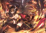  armor brown_hair fire gloves horns japanese_clothes long_hair original stairs sword thighhighs weapon yellow_eyes yueyingjinfeng 