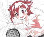  1girl :d ball blush holding looking_at_viewer monochrome open_mouth paddle red_eyes red_hair red_theme shakunetsu_no_takkyuu_musume short_sleeves sincos smile solo table_tennis_ball table_tennis_paddle tsumujikaze_koyori twintails upper_teeth 