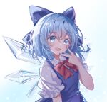  1girl :d absurdres blue_background blue_dress blue_eyes blue_hair bow cirno dress hair_bow highres ice ice_wings light_blush looking_at_viewer open_mouth scarlet_dango short_hair simple_background smile solo touhou upper_body v_over_mouth wings 